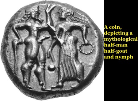 A coin, depicting a mythological half-man half-goat and nymph