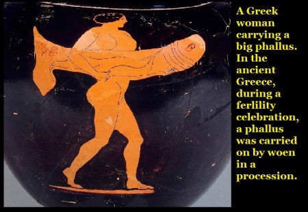 A Greek woman carrying a big phallus.