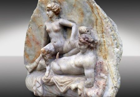 Erotic Roman Bas Relief Sculpture of a man &amp; woman having sex Pompeii. 1st Cent AD, Naples Archaeological Museum