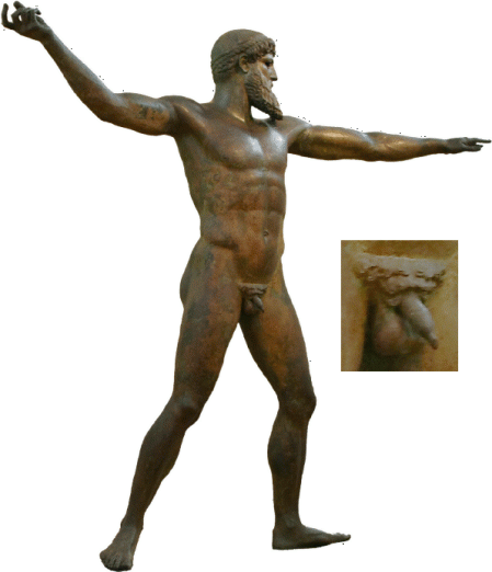 Poseidon throwing a trident (some say Zeus throwing a thunderbolt), more than 2450 years old, fished out of Cape Artemisium in 1928, now an icon of Greece.